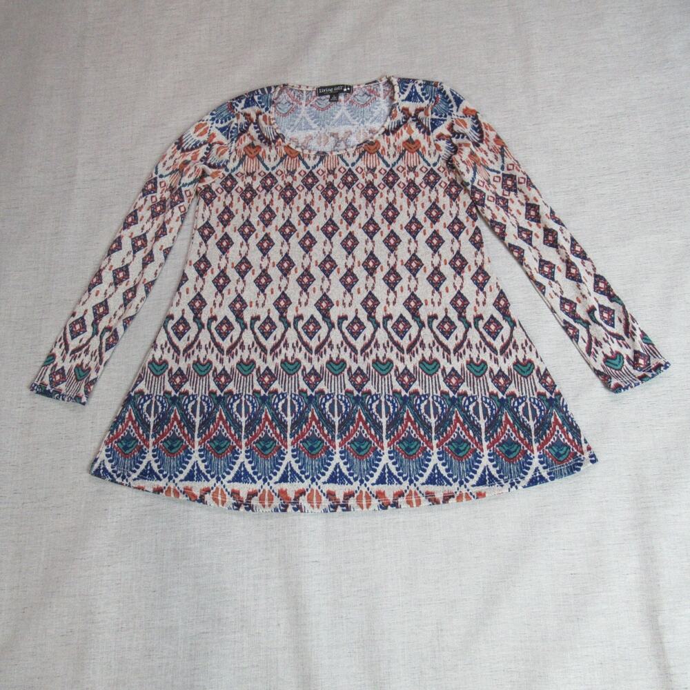 Living Doll Top Womens Sz Large Multicolor Knit Graphic Artsy Tribal Blouse USA